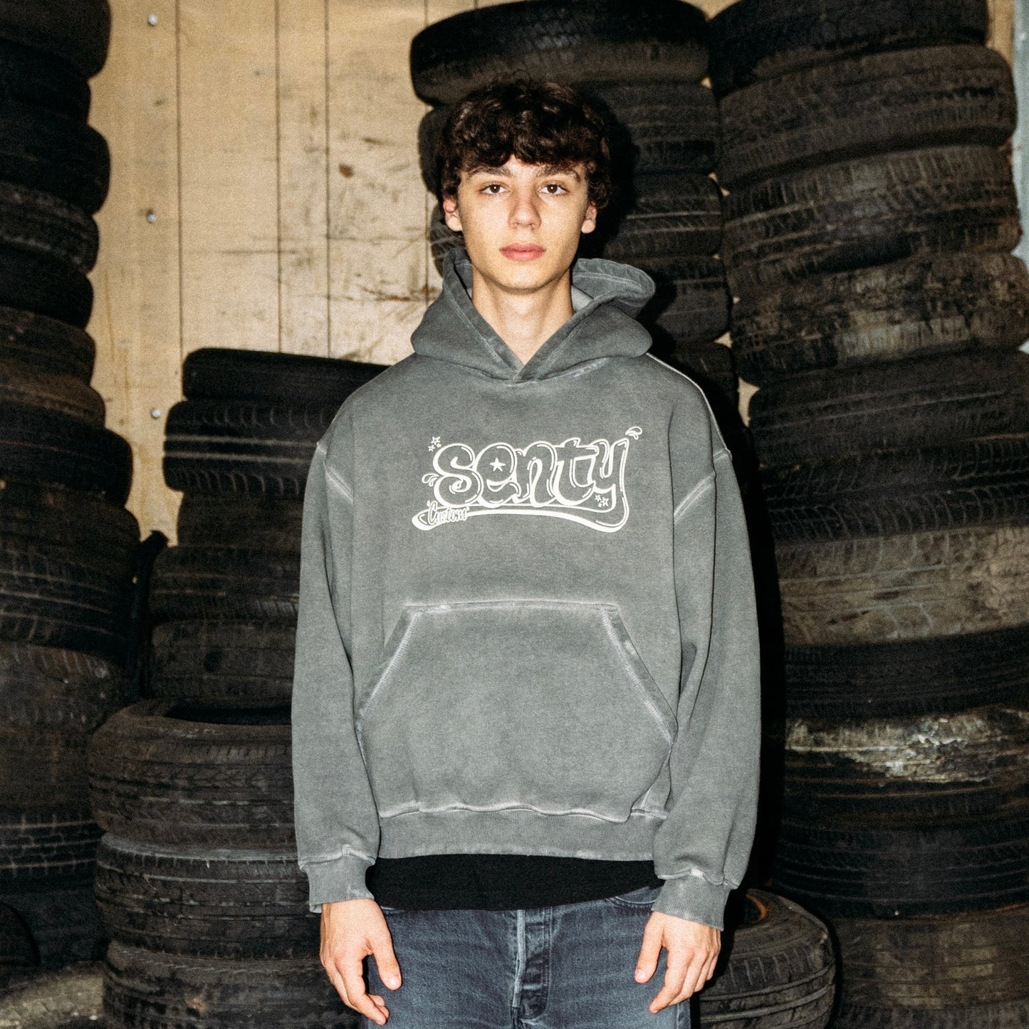 “SENTY CUSTOM" Stone Washed Light Grey Hoodie