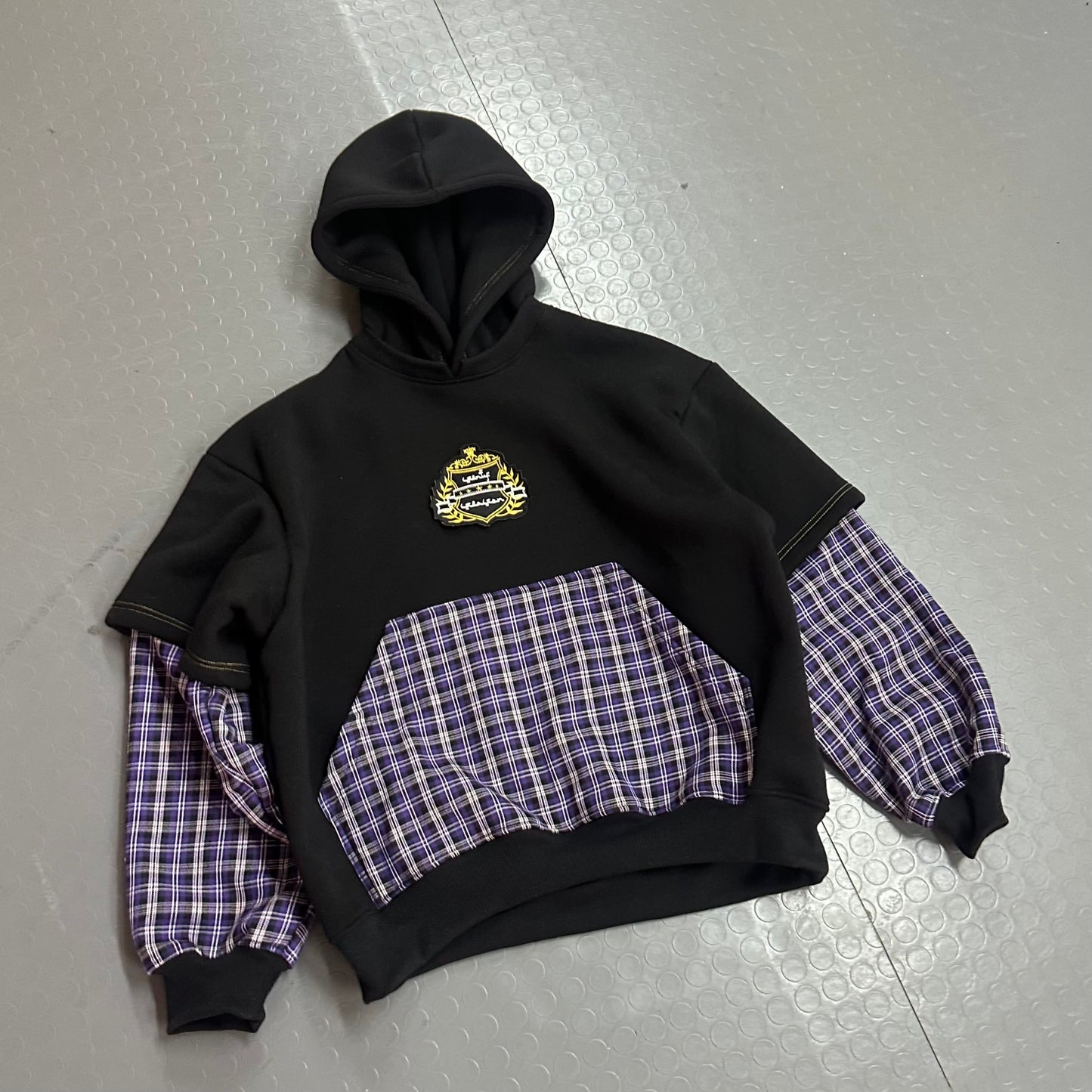“SENTY SEASON” Flannel Black Double Sleeve Hoodie