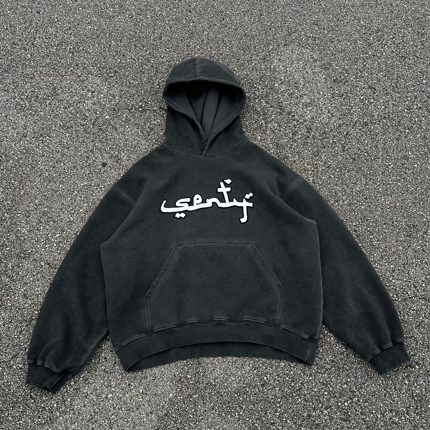 “SENTY SEASON” Stone Washed Dark Grey Hoodie (XL)