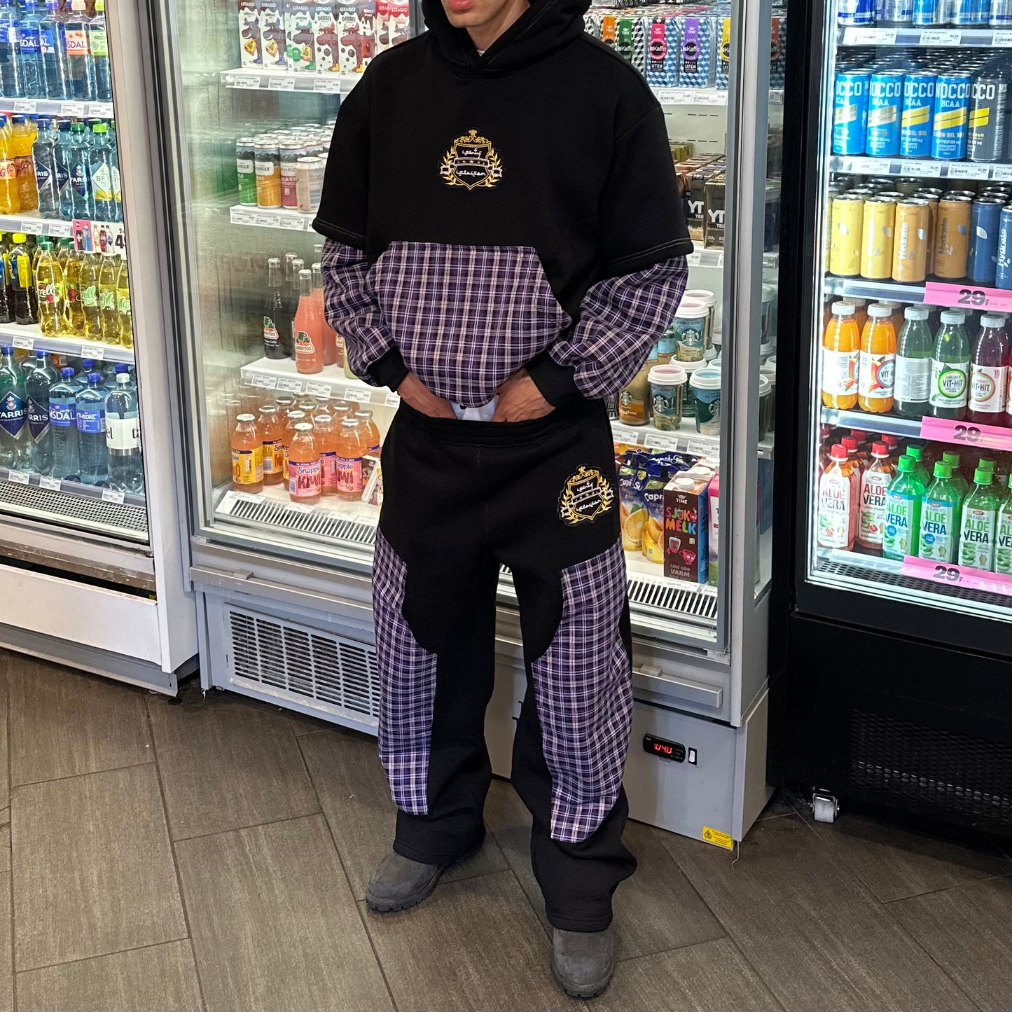 “SENTY SEASON” Flannel Black Double Sleeve Hoodie