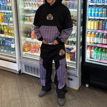 “SENTY SEASON” Flannel Black Double Sleeve Hoodie