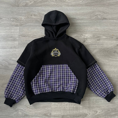 “SENTY SEASON” Flannel Black Double Sleeve Hoodie