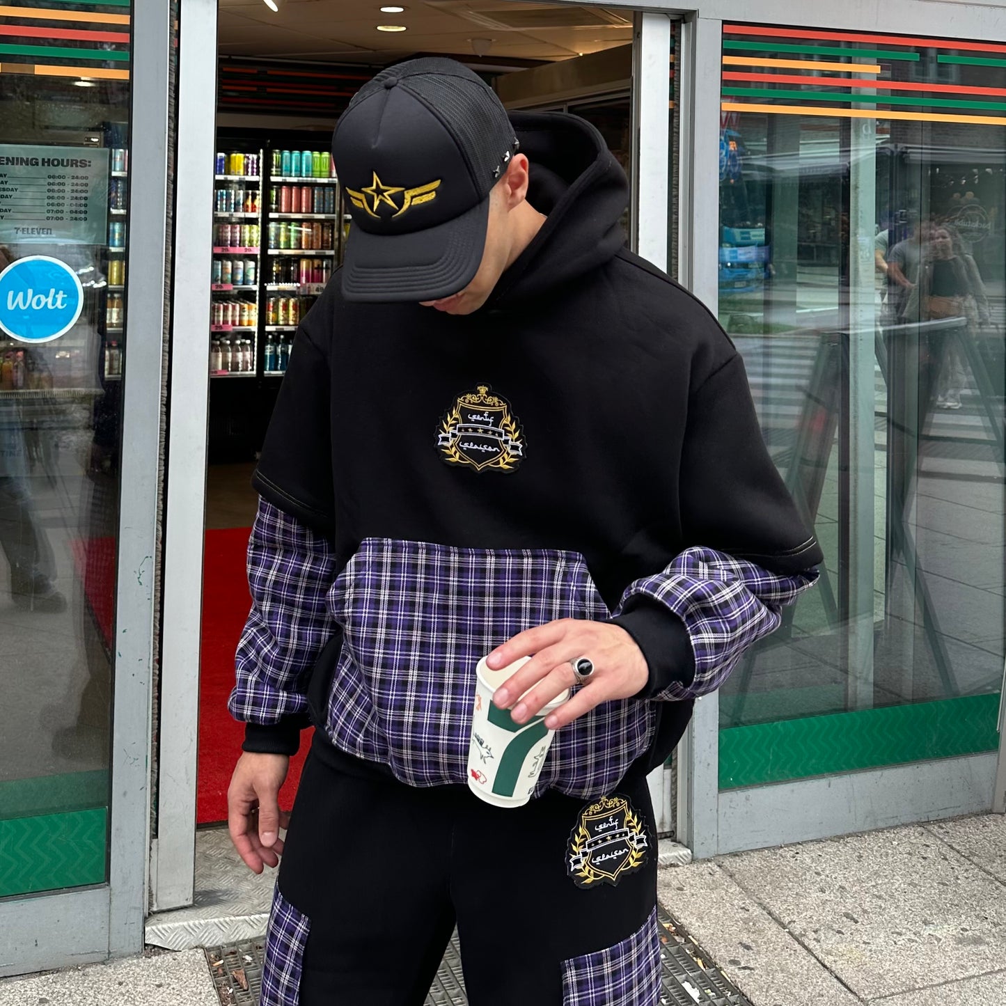 “SENTY SEASON” Flannel Black Double Sleeve Hoodie